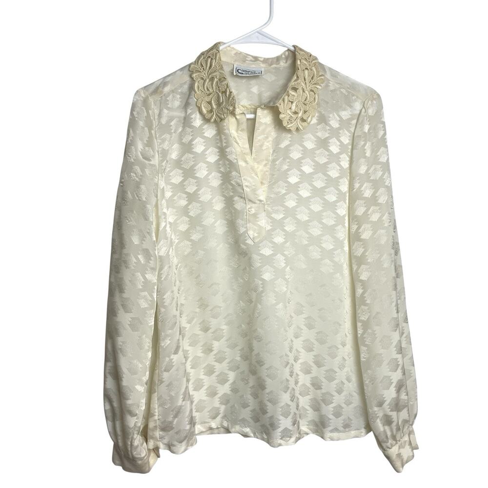 Vintage Campus Casuals Blouse Womens M Ivory Lace‎ Collar Cottagecore Fairycore